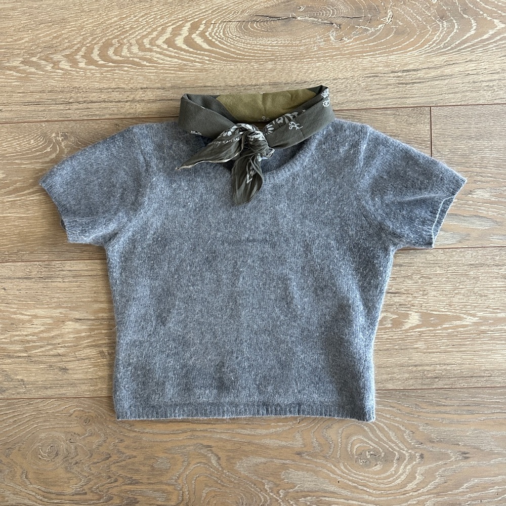 Vintage Soft Angora Lambswool Cropped T-shirt Grey Minimalist Short Sleeve Top
